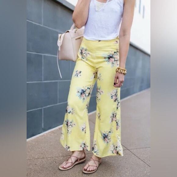 Anthropologie Pants - Anthropologie x Feather Bone Wide Leg Pants Yellow Floral Linen Blend Size 2